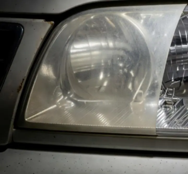 Fényszórófelújítás eredménye: bal oldalon opálos, jobb oldalon átlátszó, felújított fényszóró.