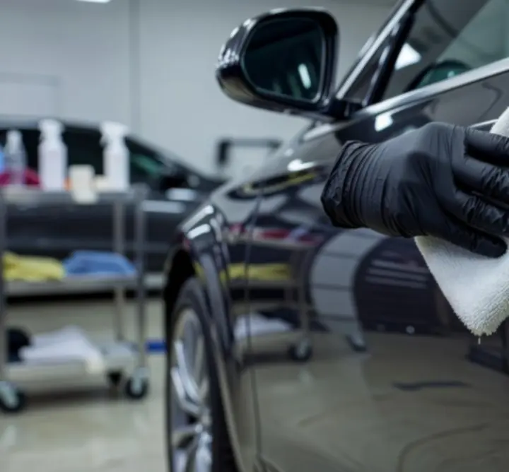 Szakember kerámia bevonatot visz fel egy autó fényezésére a Shine Car Studio műhelyében.