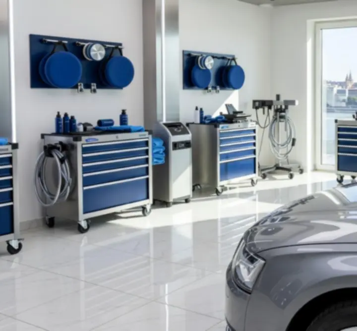 Modern, tiszta autókozmetikai stúdió, fényesre polírozott járművekkel