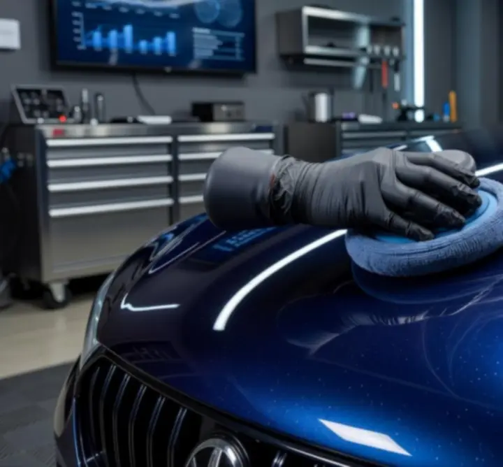 Fényezés polírozása közelről, tükörfényes felület kialakításával